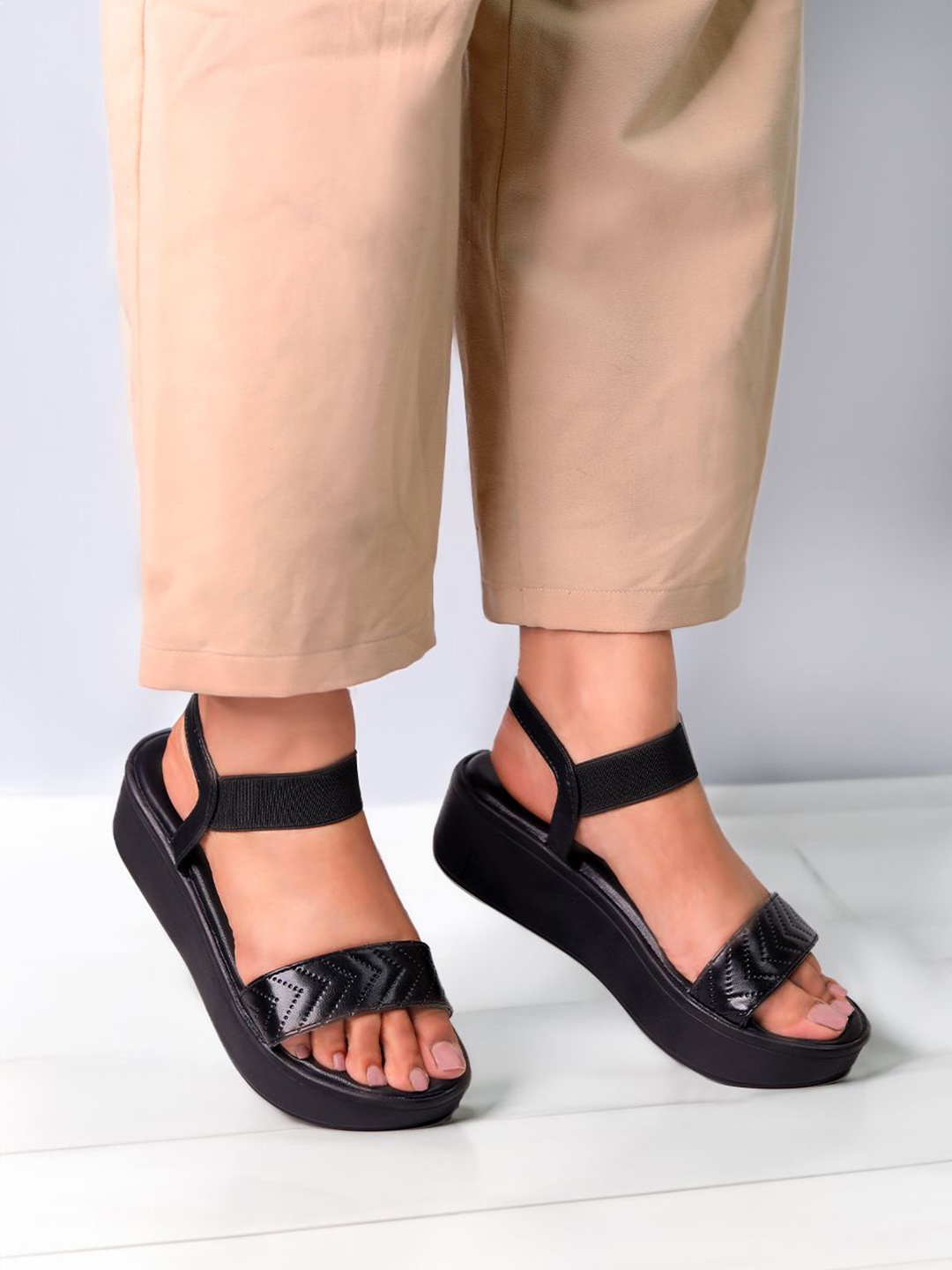 

Monrow Textured Open Toe Flatform Heels, Black