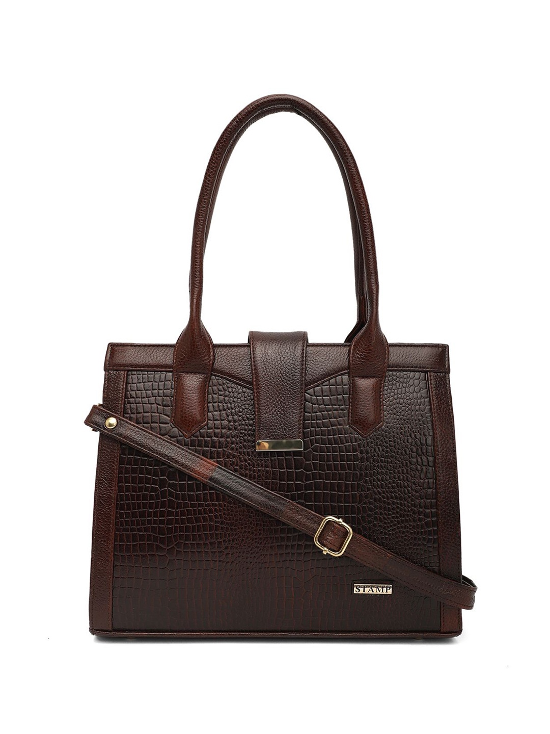 

Stamp Textured Structured Leather Handheld Bag, Brown