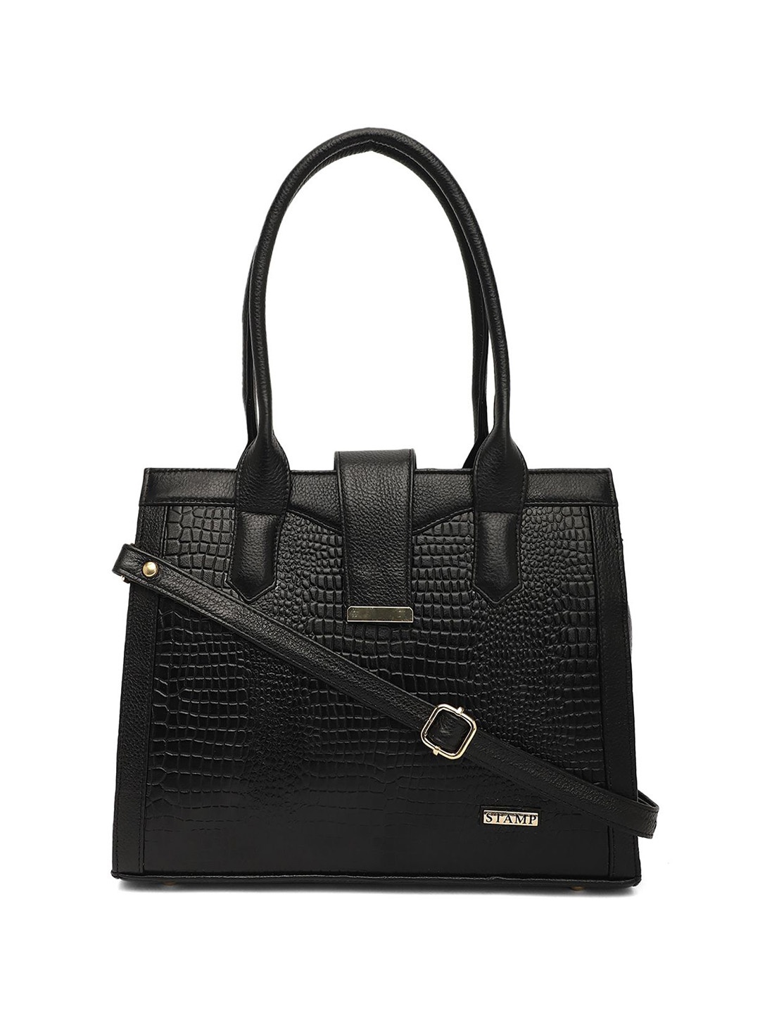 

Stamp Textured Leather Structured Handheld Bag, Black