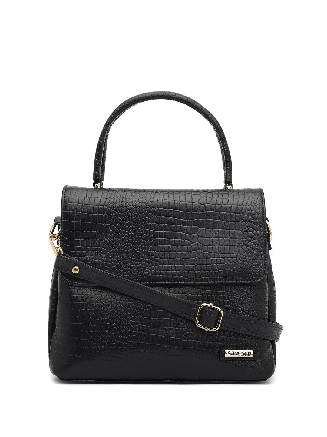 

Stamp Textured Leather Structured Handheld Bag, Black