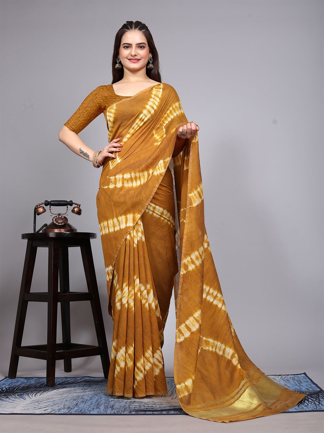 

V3 FASHION STUDIO Tie and Dye Pure Cotton Saree, Yellow