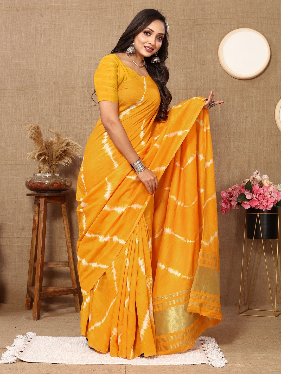 

V3 FASHION STUDIO Tie and Dye Zari Pure Cotton Banarasi Saree, Orange