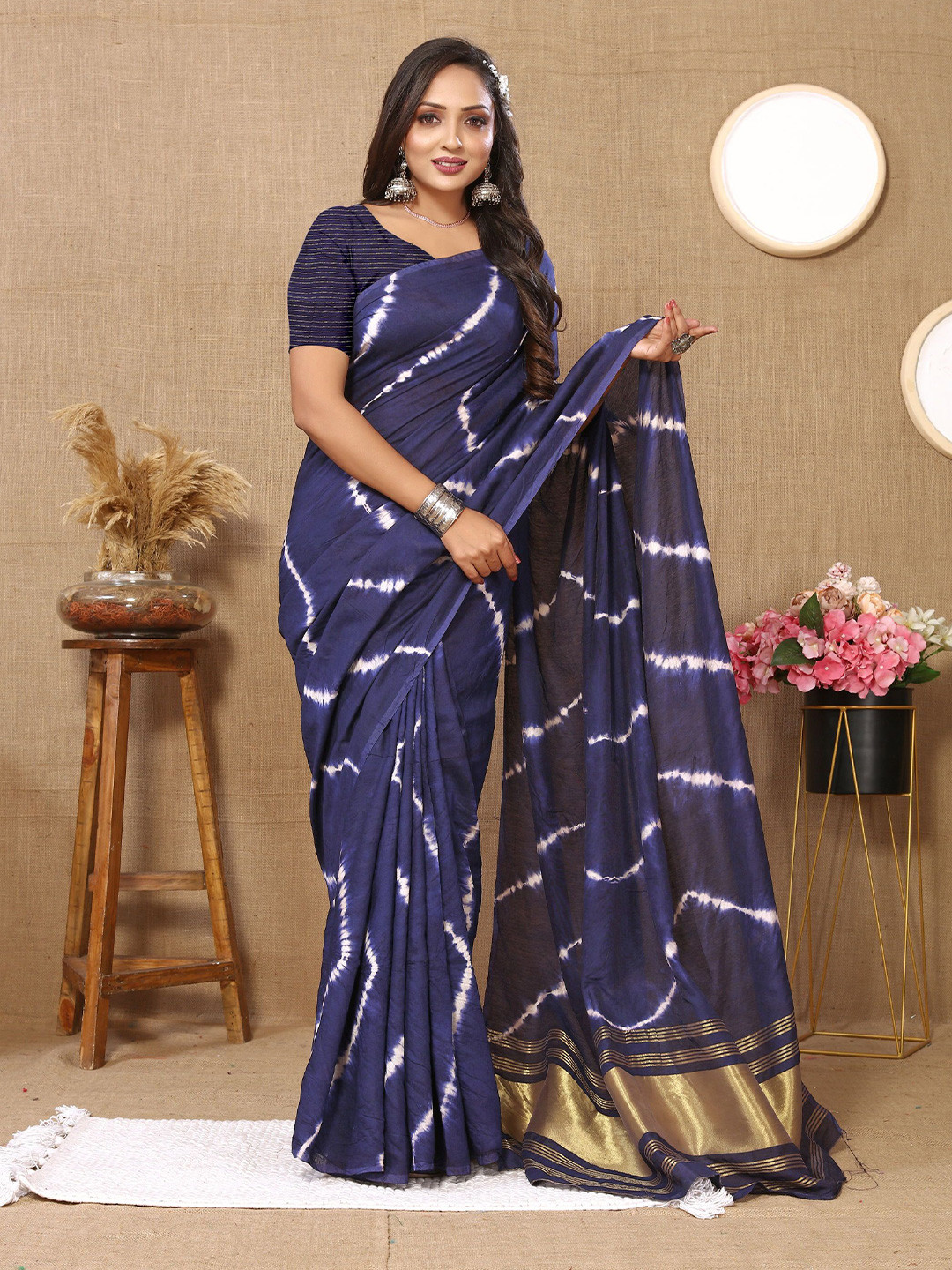 

V3 FASHION STUDIO Tie and Dye Zari Pure Cotton Banarasi Saree, Blue