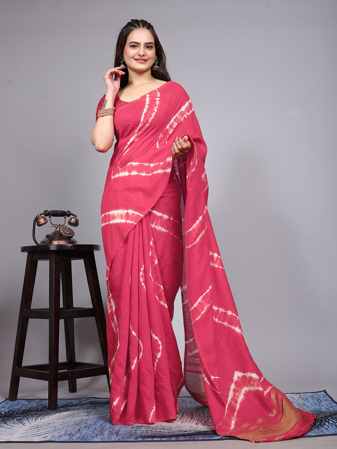 

V3 FASHION STUDIO Tie and Dye Zari Pure Cotton Saree, Pink