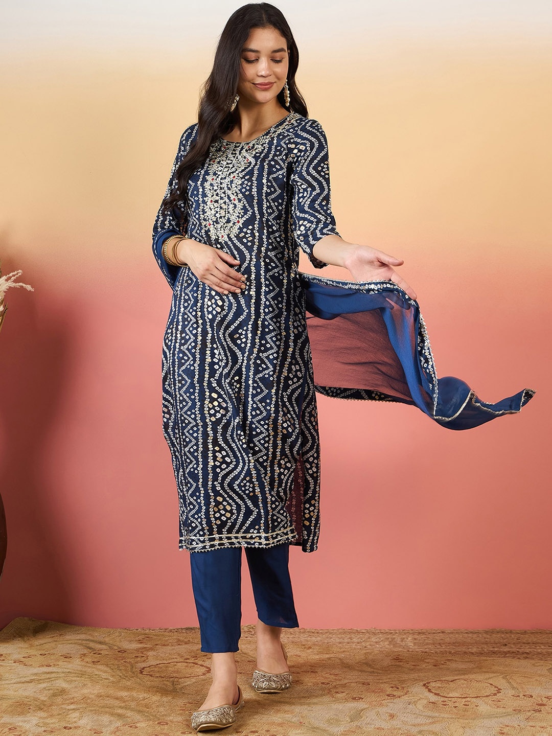 

KALINI Women Bandhani Printed Regular Thread Work Kurta with Trousers & With Dupatta, Blue