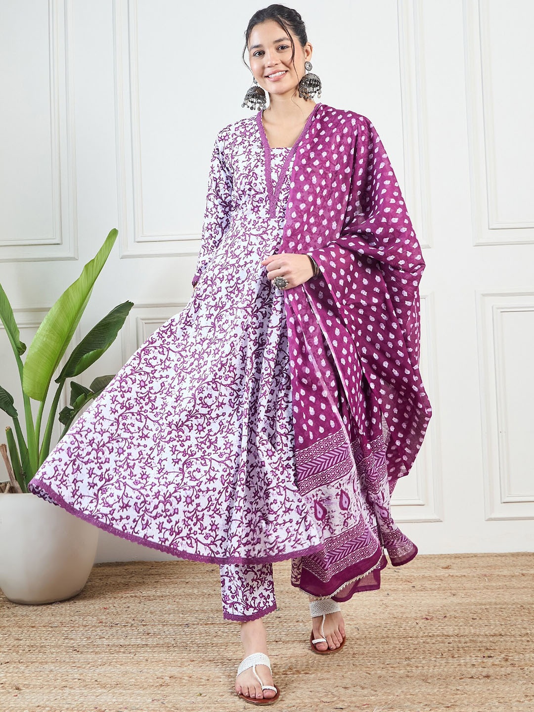 

KALINI Women Floral Printed Anarkali Pure Cotton Kurta with Palazzos & With Dupatta, Purple