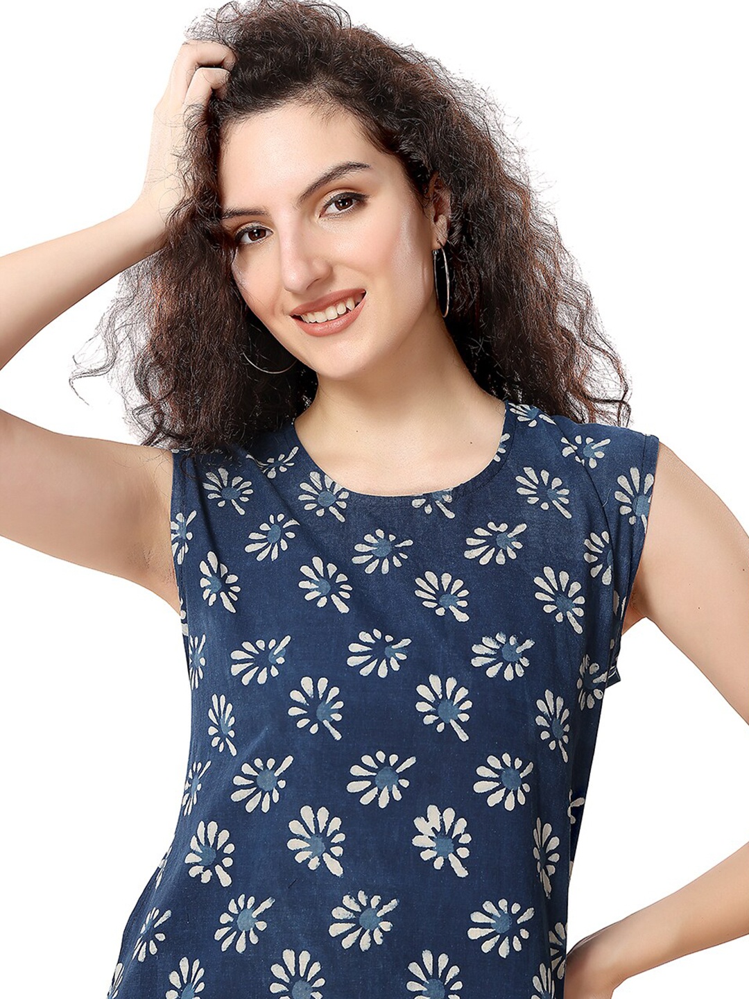 

NIGHT FLOSS Printed pure cotton short Nightdress, Blue