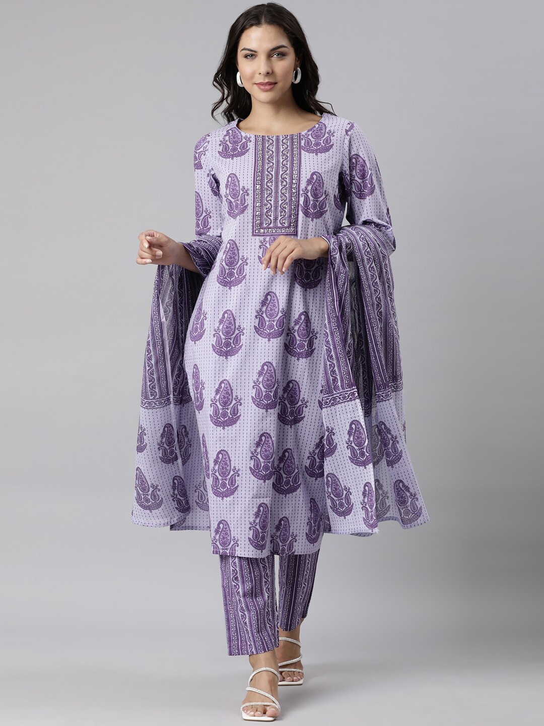 

Neerus Women Paisley Printed Panelled Pure Cotton Kurta with Trousers & Dupatta, Lavender