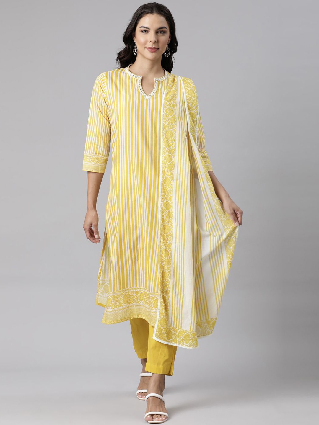 

Neerus Striped Regular Pure Cotton Kurta with Trousers & With Dupatta, Yellow