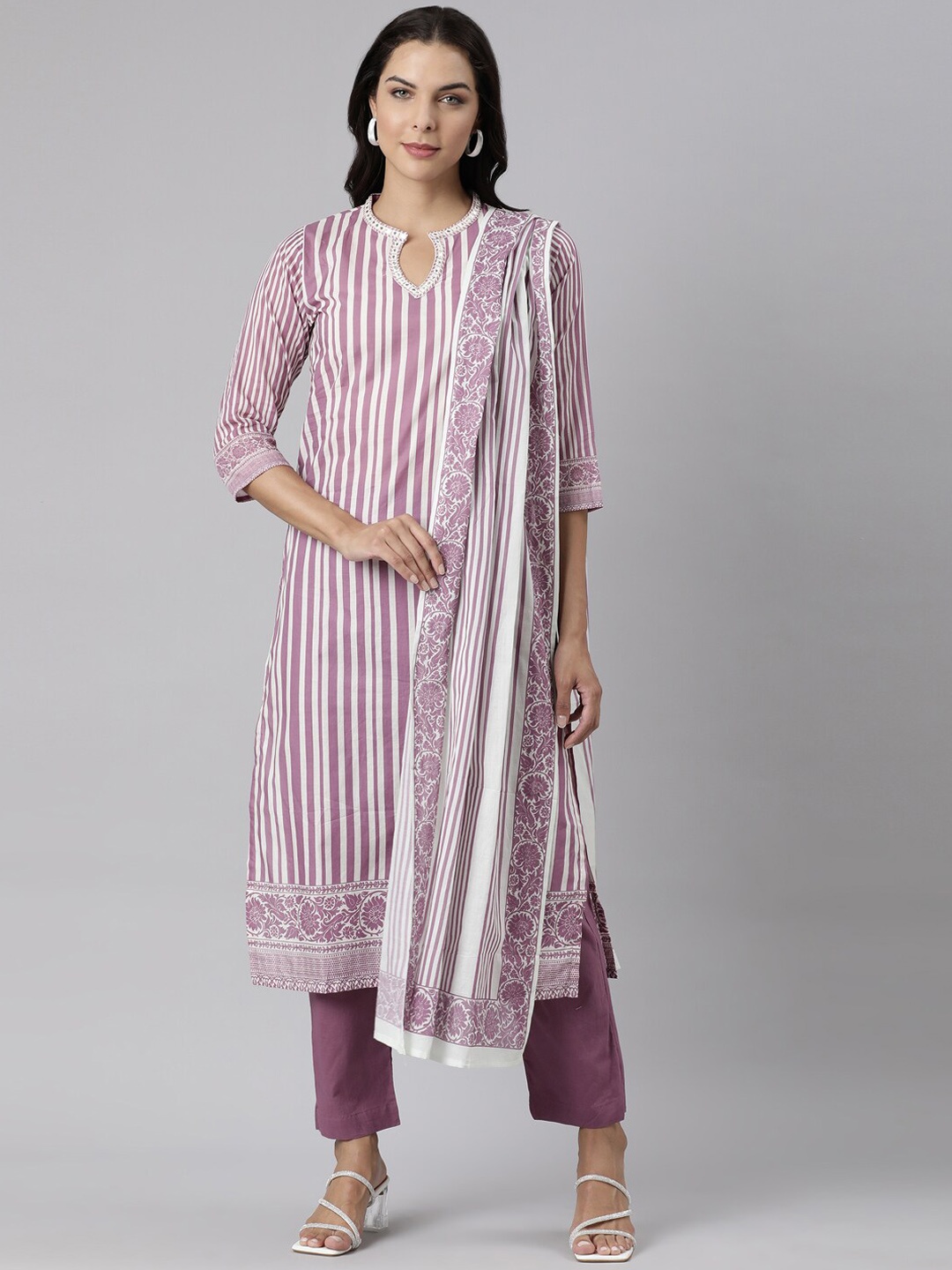 

Neerus Women Printed Pure Cotton Kurta with Trousers & With Dupatta, Lavender