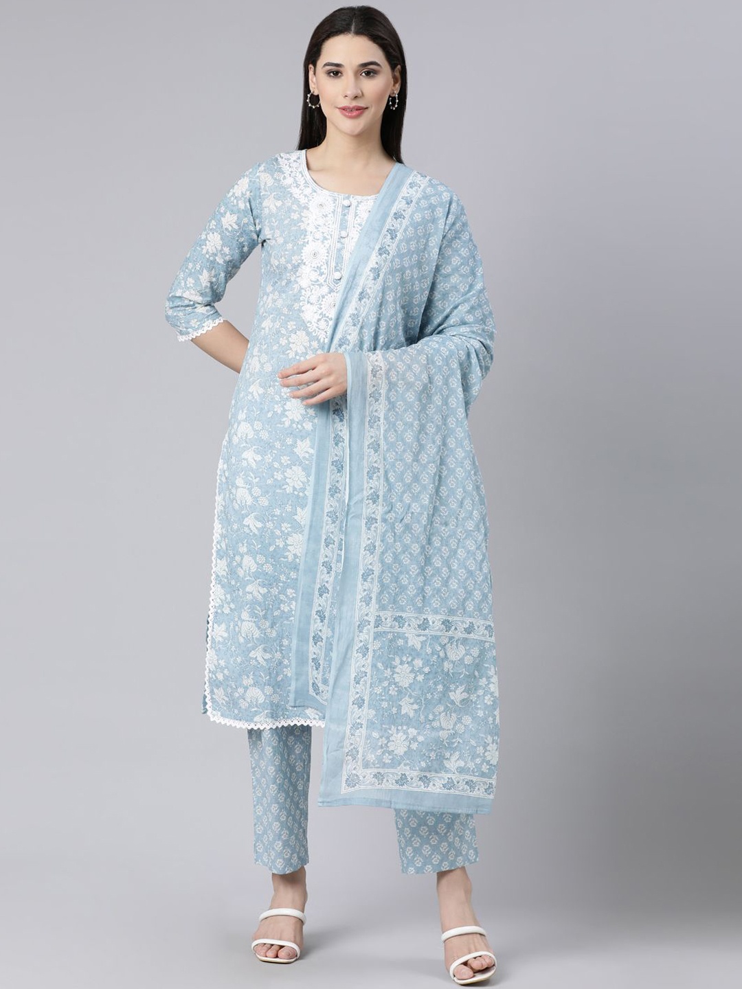 

Neerus Women Floral Printed Regular Pure Cotton Kurta with Trousers & With Dupatta, Blue