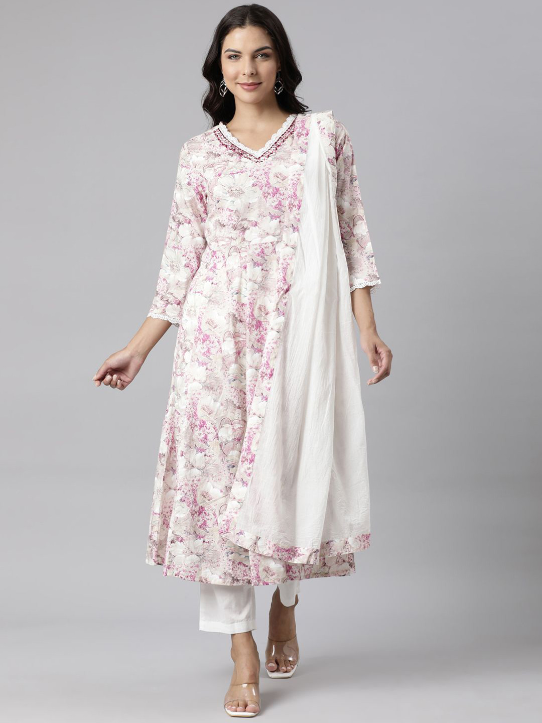 

Neerus Women Floral Printed Regular Pure Cotton Kurta with Trousers & With Dupatta, Beige