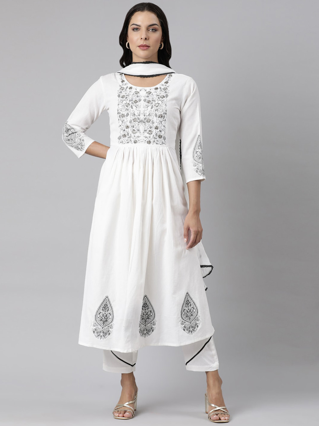 

Neerus Women Floral Embroidered Pure Cotton Kurta with Trousers & With Dupatta, White