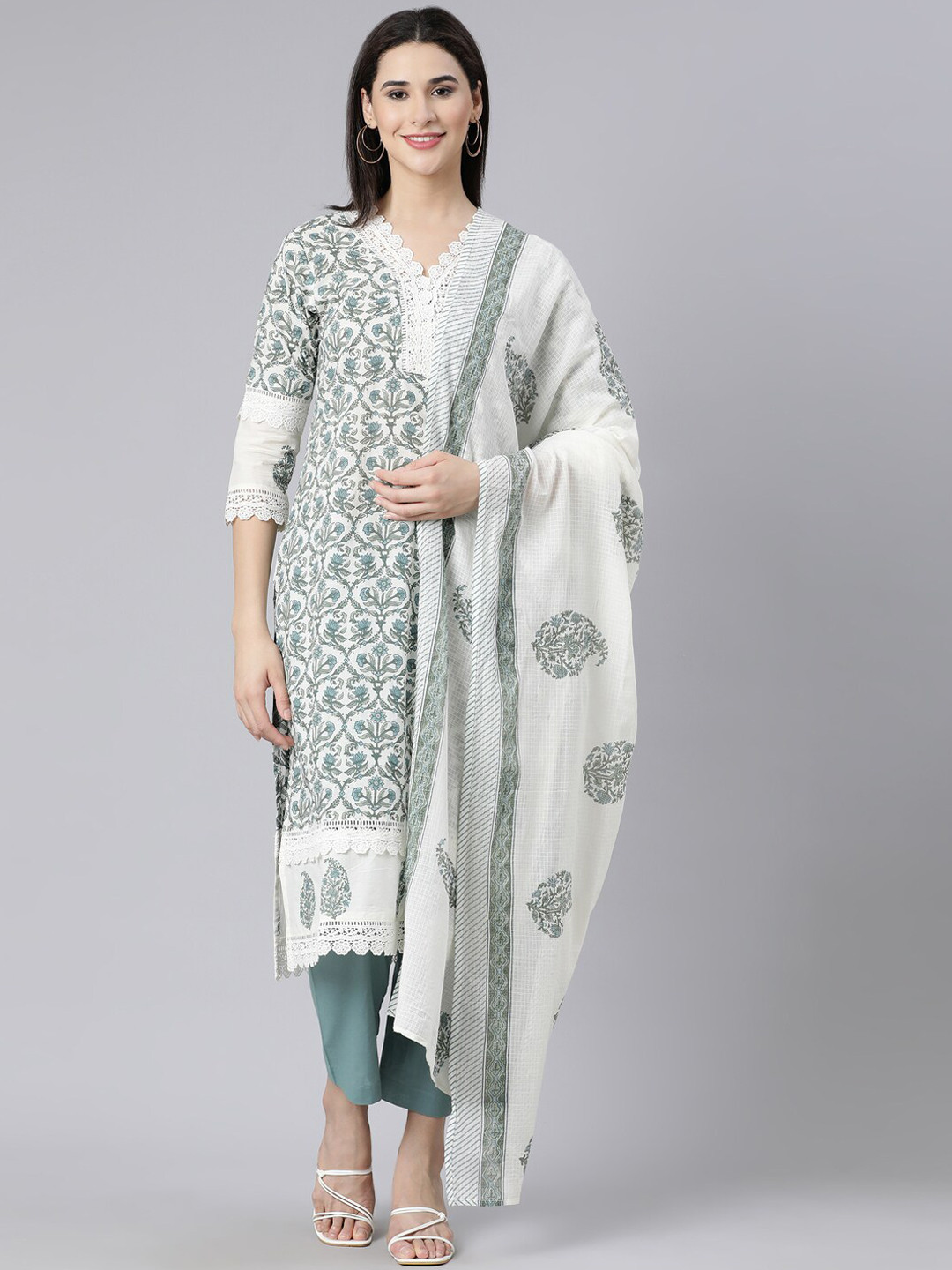 

Neerus Women Floral Printed Pure Cotton Kurta with Trousers & With Dupatta, White