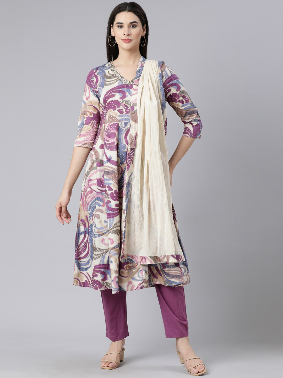 

Neerus Women Ethnic Motifs Printed Beads and Stones Kurta with Trousers & With Dupatta, Cream