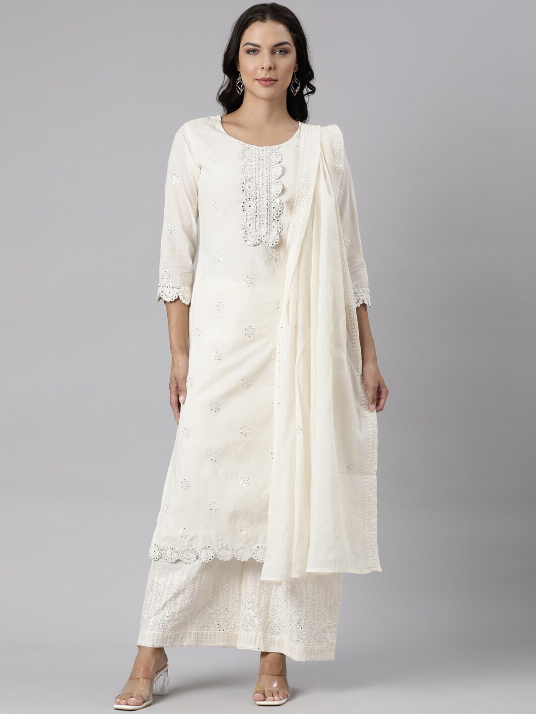 

Neerus Women Embroidered Mirror Work Chanderi Silk Kurta with Palazzos & With Dupatta, Off white