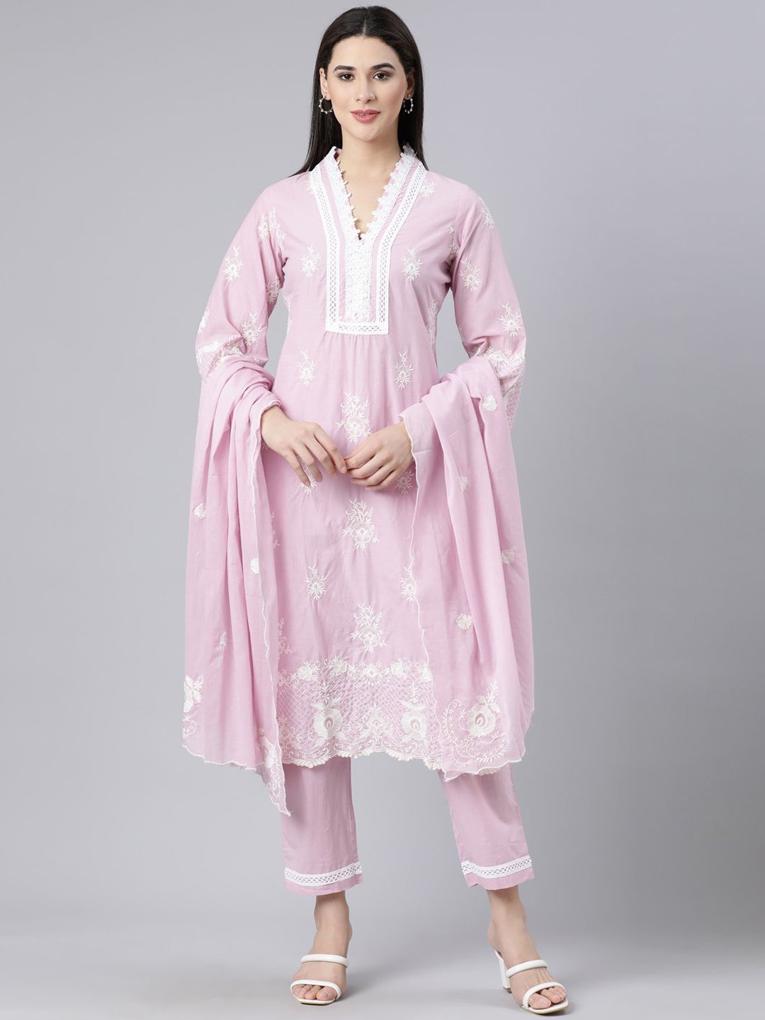 

Neerus Women Floral Embroidered Panelled Pure Cotton Kurta with Trousers & Dupatta, Pink