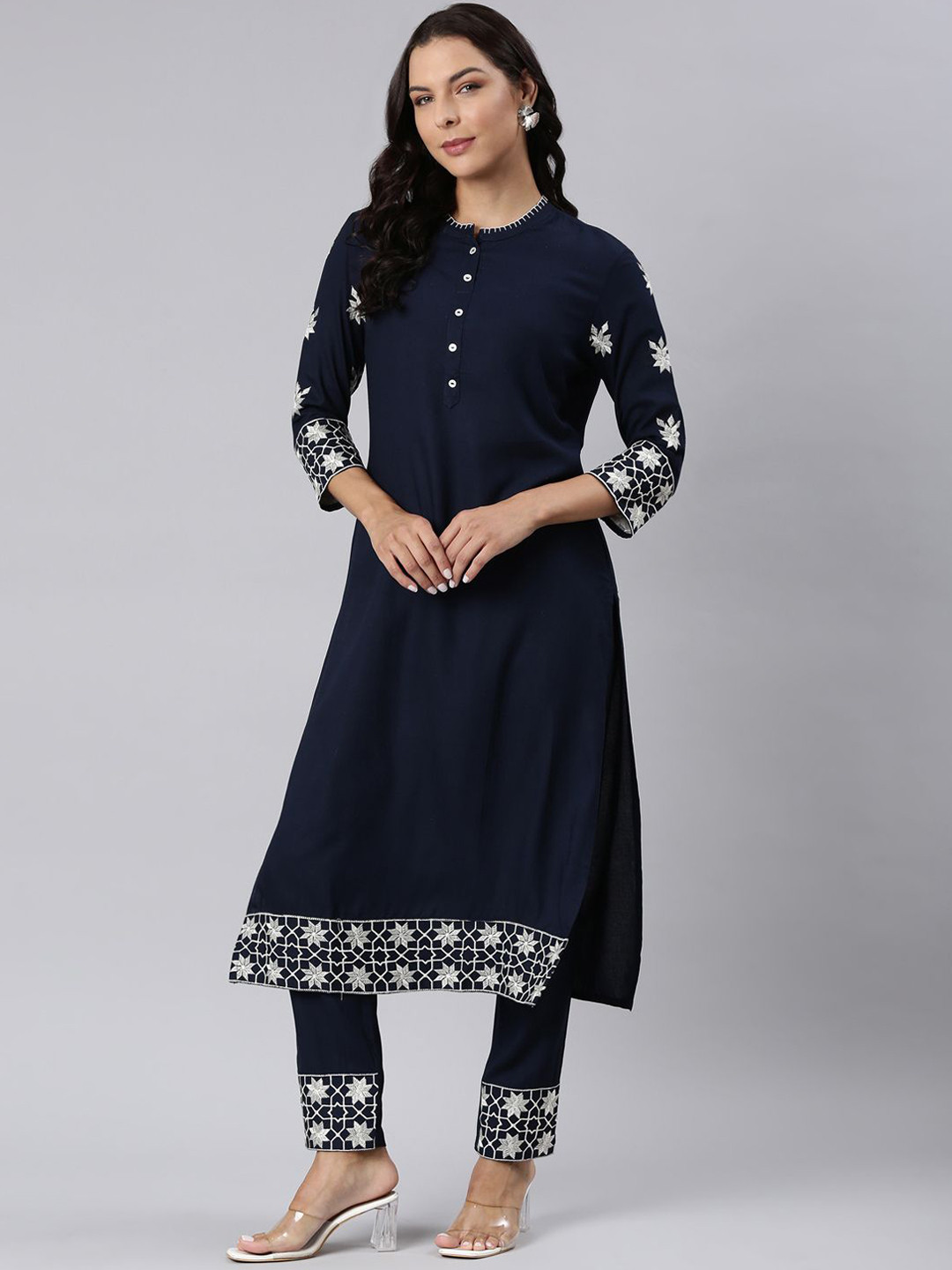 

Neerus Women Floral Embroidered Panelled Thread Work Pure Cotton Kurta with Trousers, Navy blue