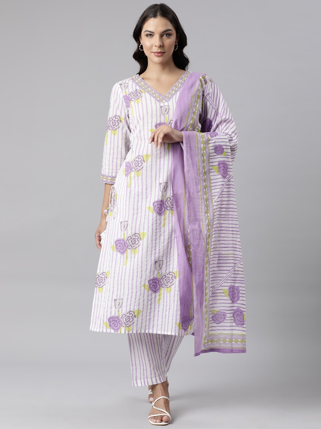 

Neerus Women Floral Printed Panelled Pure Cotton Kurta with Trousers & With Dupatta, Purple