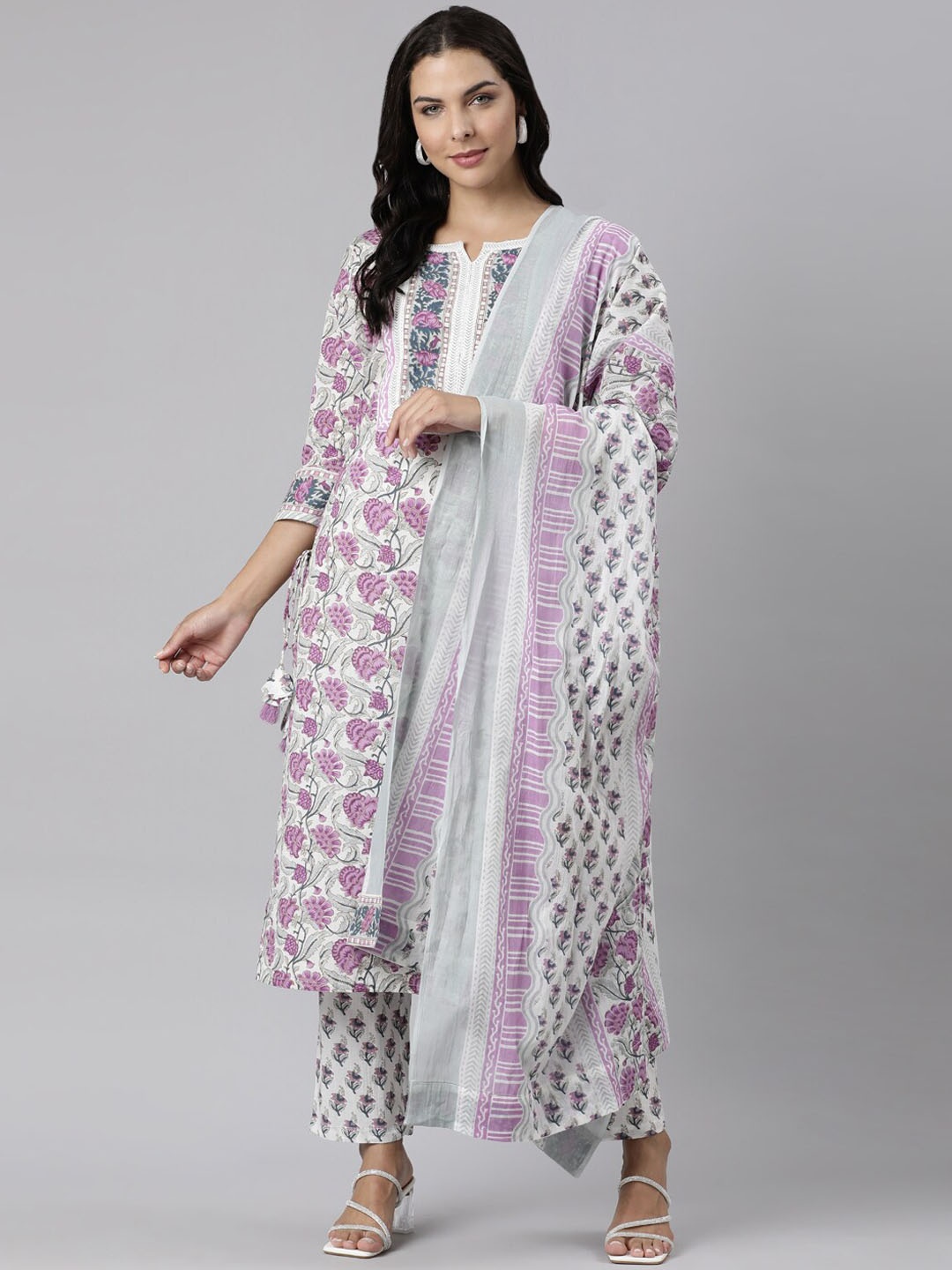 

Neerus Women Floral Printed Pure Cotton Kurta with Trousers & With Dupatta, White