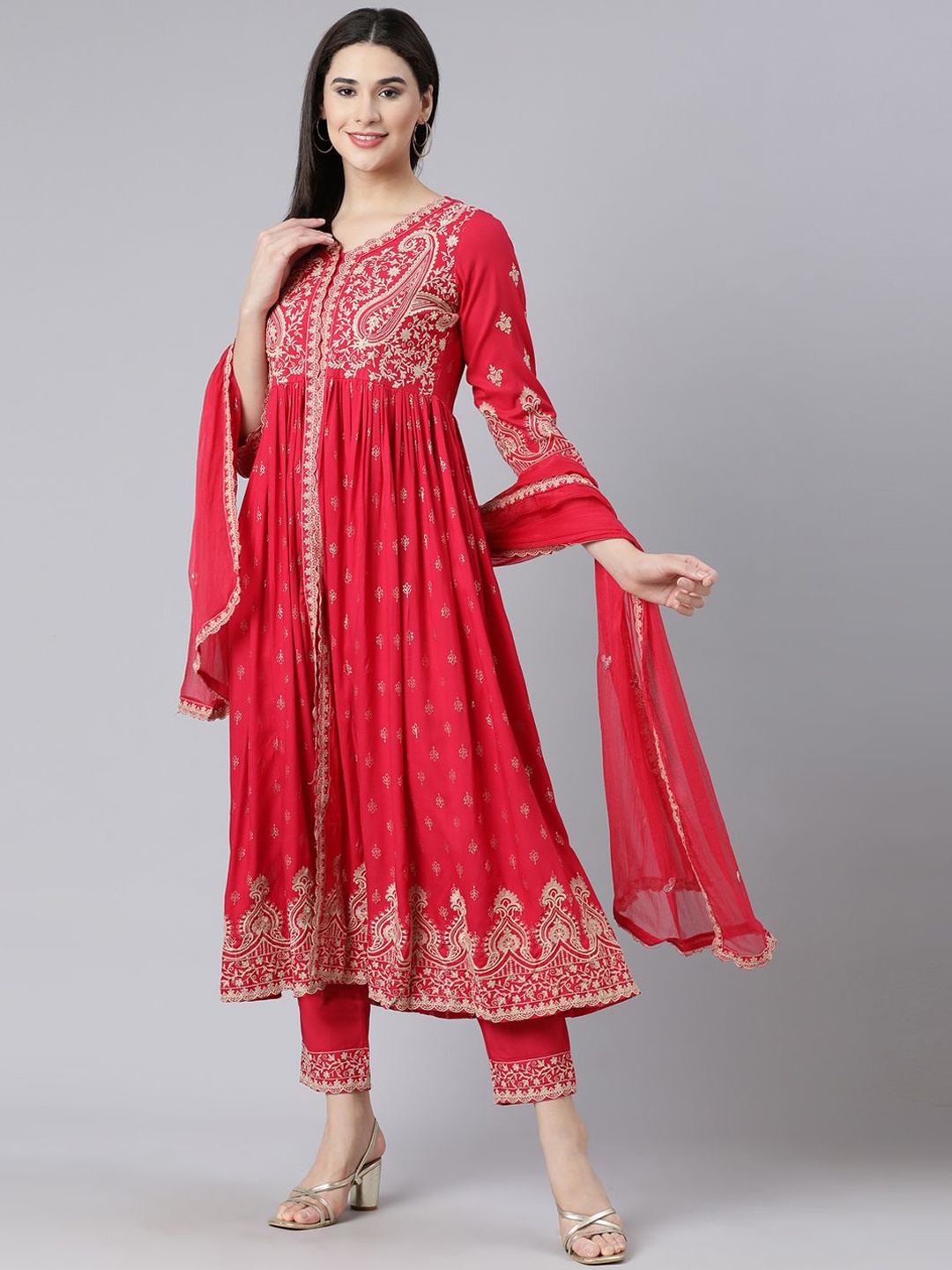 

Neerus Women Thread Work Kurta with Trousers & With Dupatta, Red