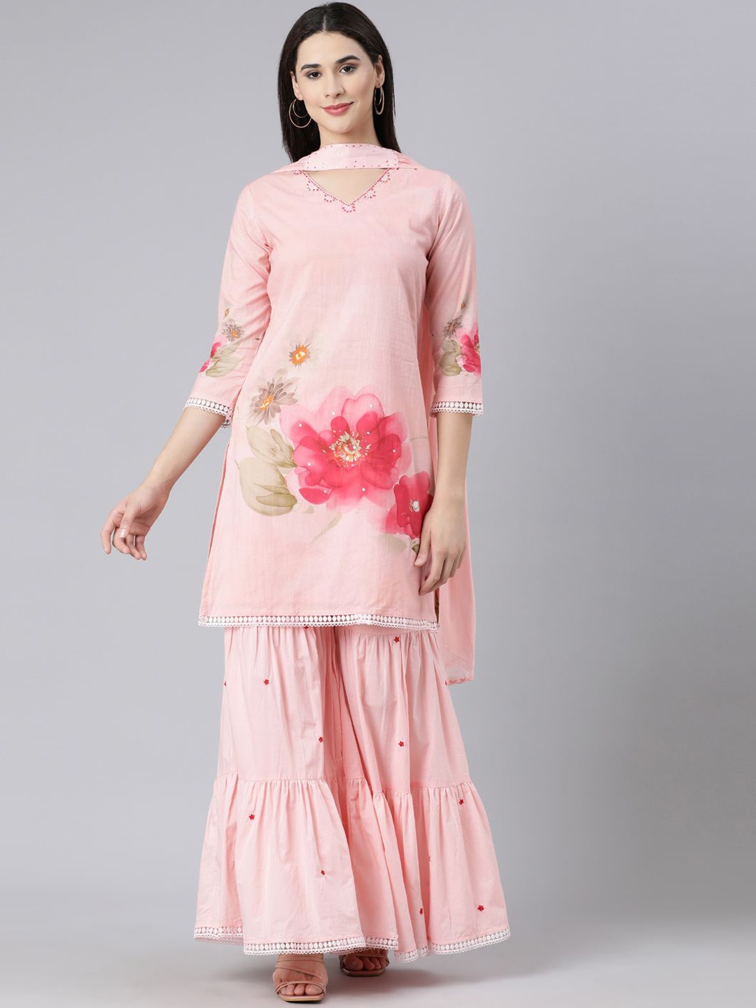 

Neerus Women Floral Printed Regular Pure Cotton Kurta with Sharara & With Dupatta, Pink