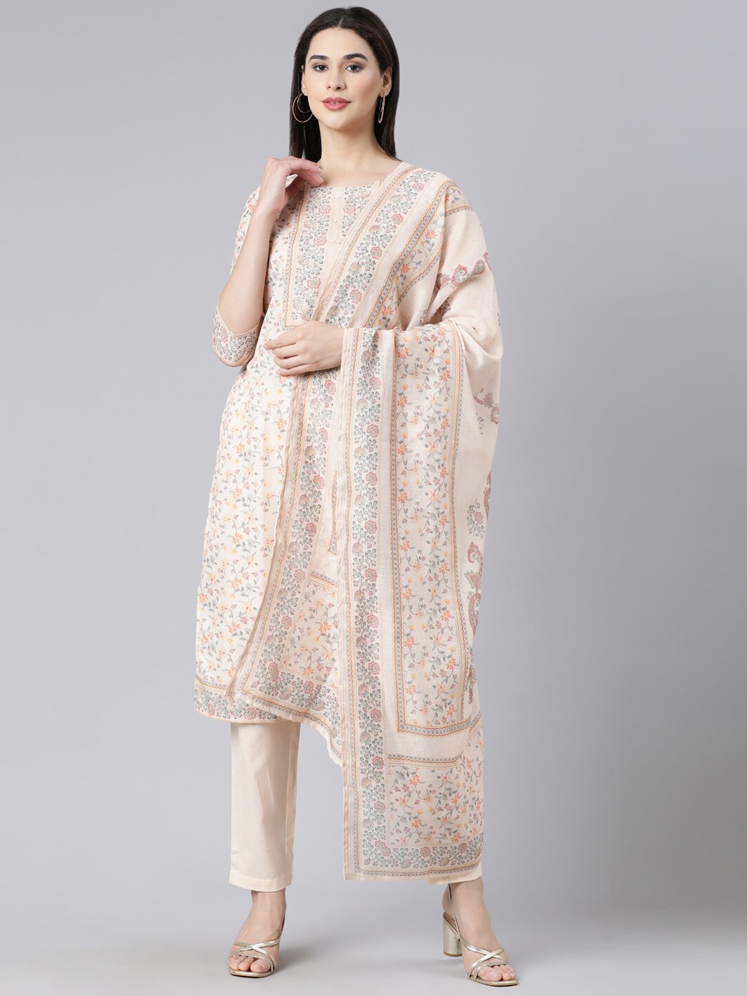

Neerus Women Floral Printed Regular Linen Kurta with Trousers & With Dupatta, Off white