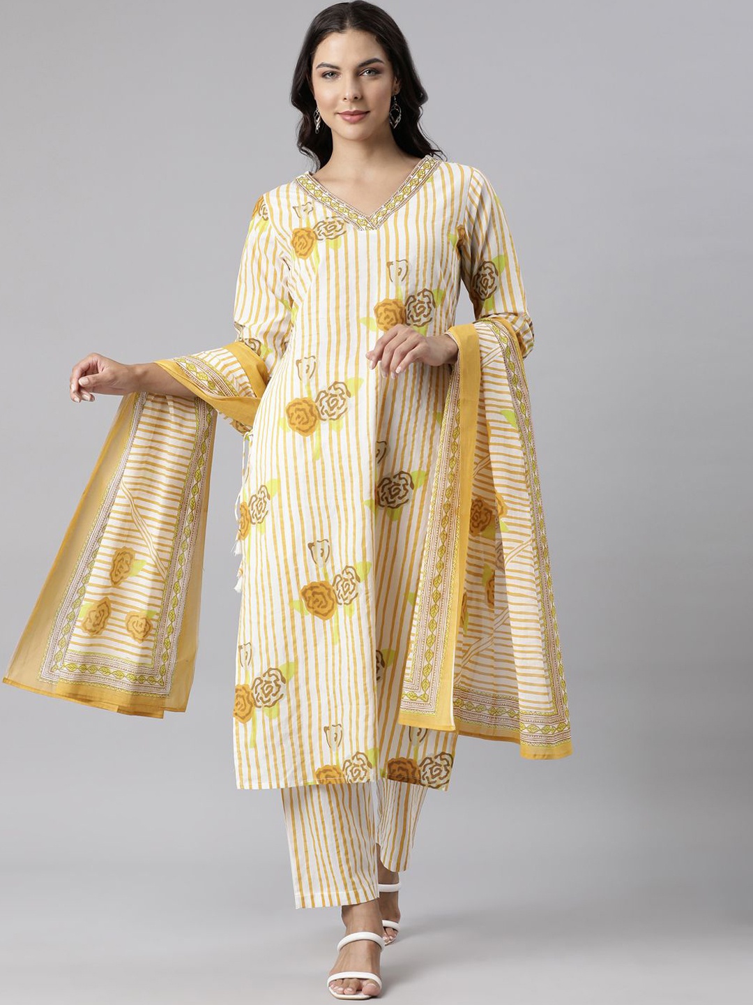 

Neerus Women Floral Printed Panelled Pure Cotton Kurta with Trousers & With Dupatta, Yellow