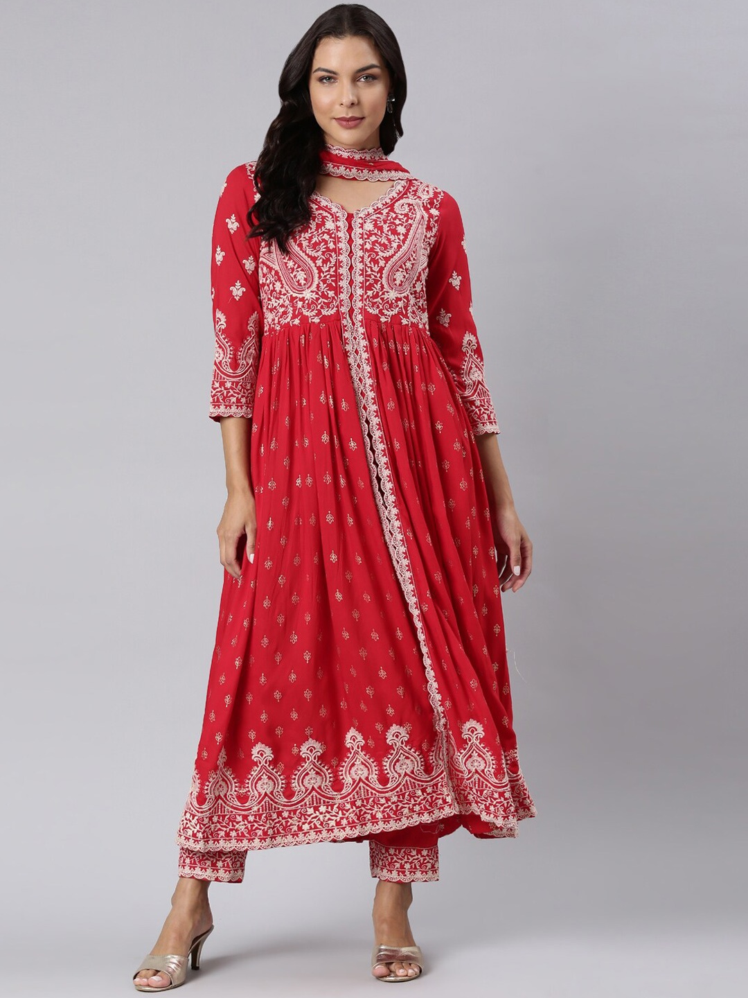 

Neerus Women Ethnic Motifs Embroidered Kurta with Trousers & Dupatta, Red