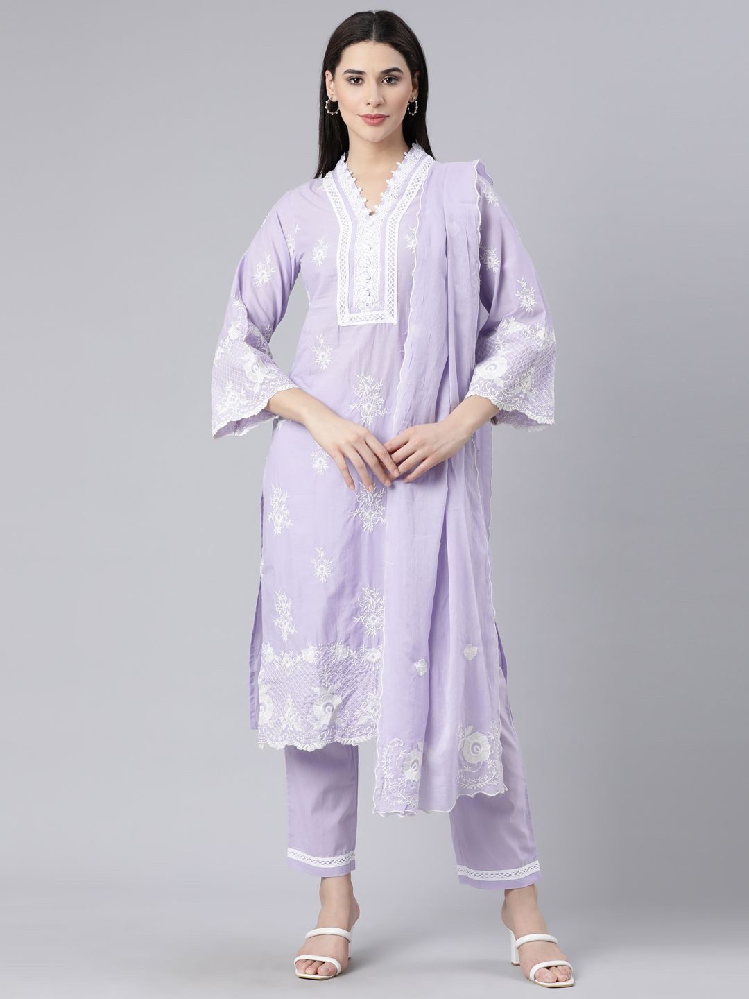 

Neerus Women Floral Embroidered Pure Cotton Kurta with Trousers & Dupatta, Lavender