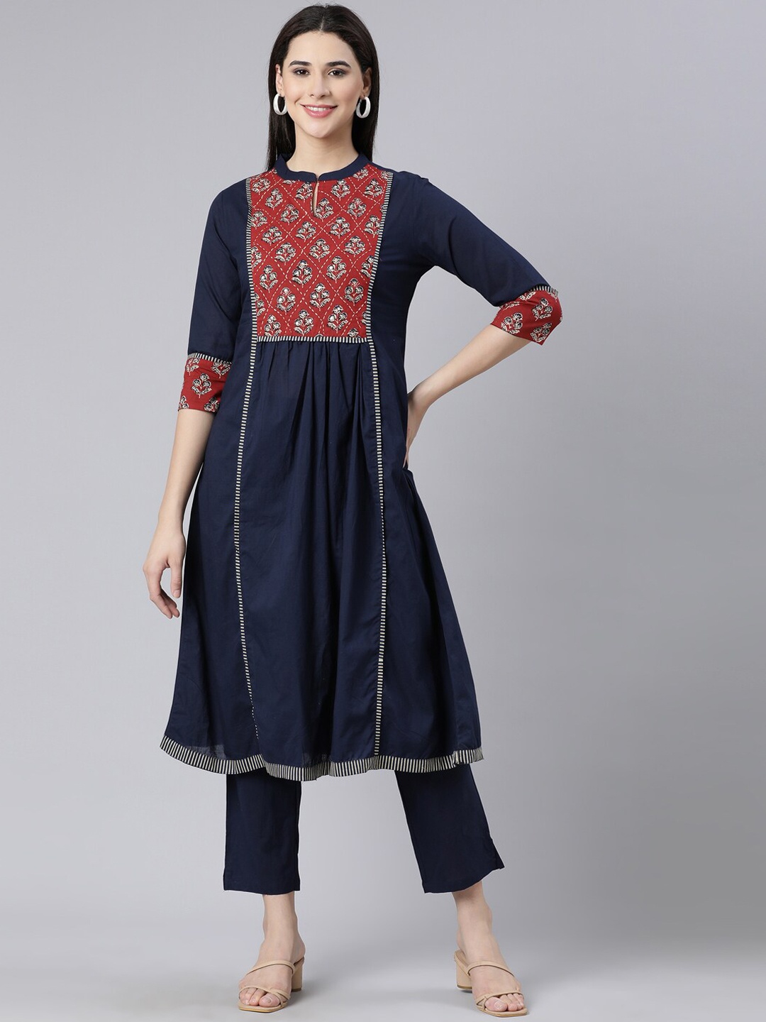 

Neerus Women Floral Yoke Design Regular Pure Cotton Kurta with Trousers, Navy blue