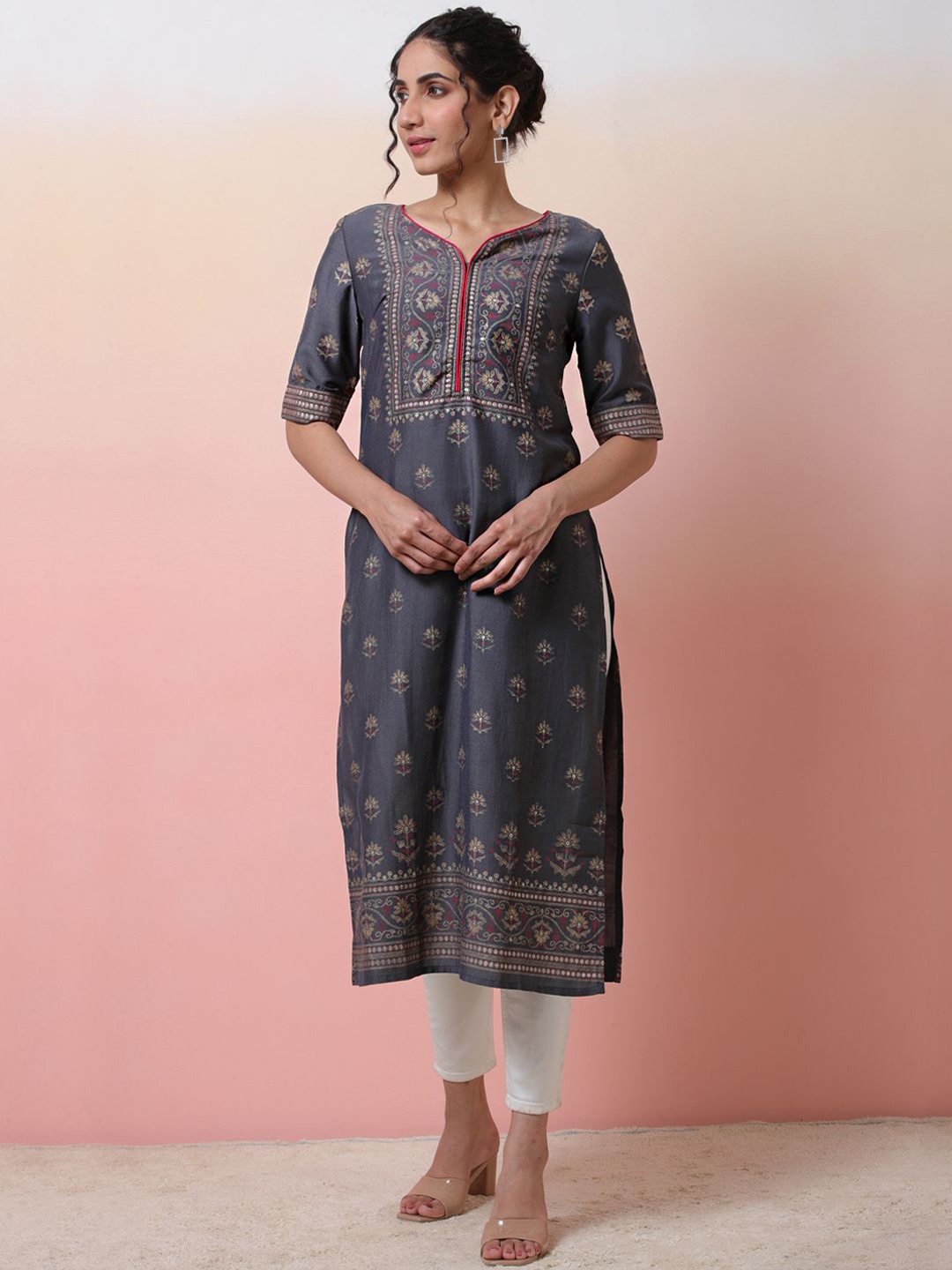 

Sangria Women Ethnic Motifs Printed Straight Kurta, Grey