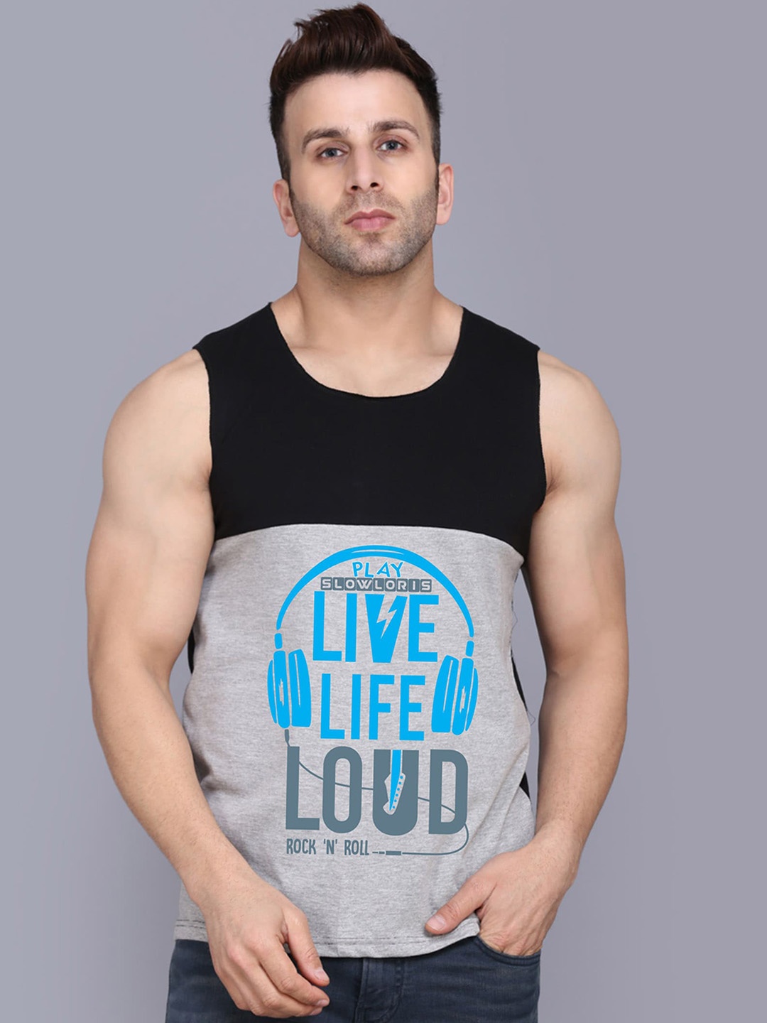 

SLOWLORIS Printed Innerwear Gym Vest, Black