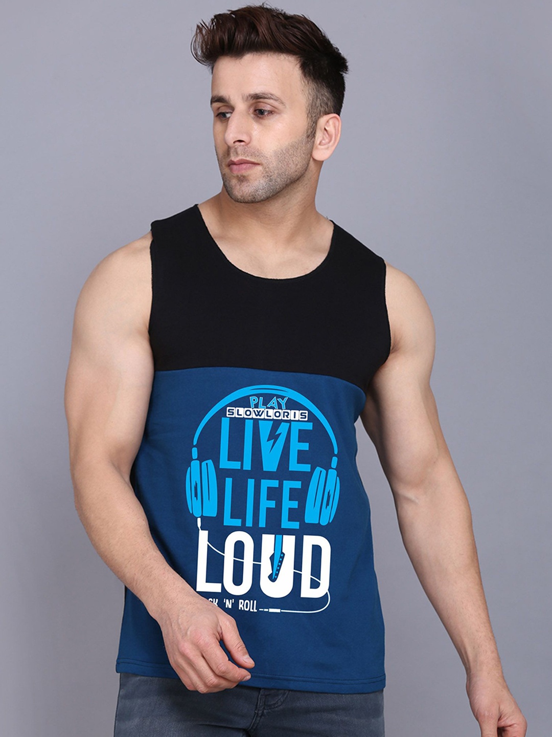 

SLOWLORIS Printed Innerwear Gym Vest, Black