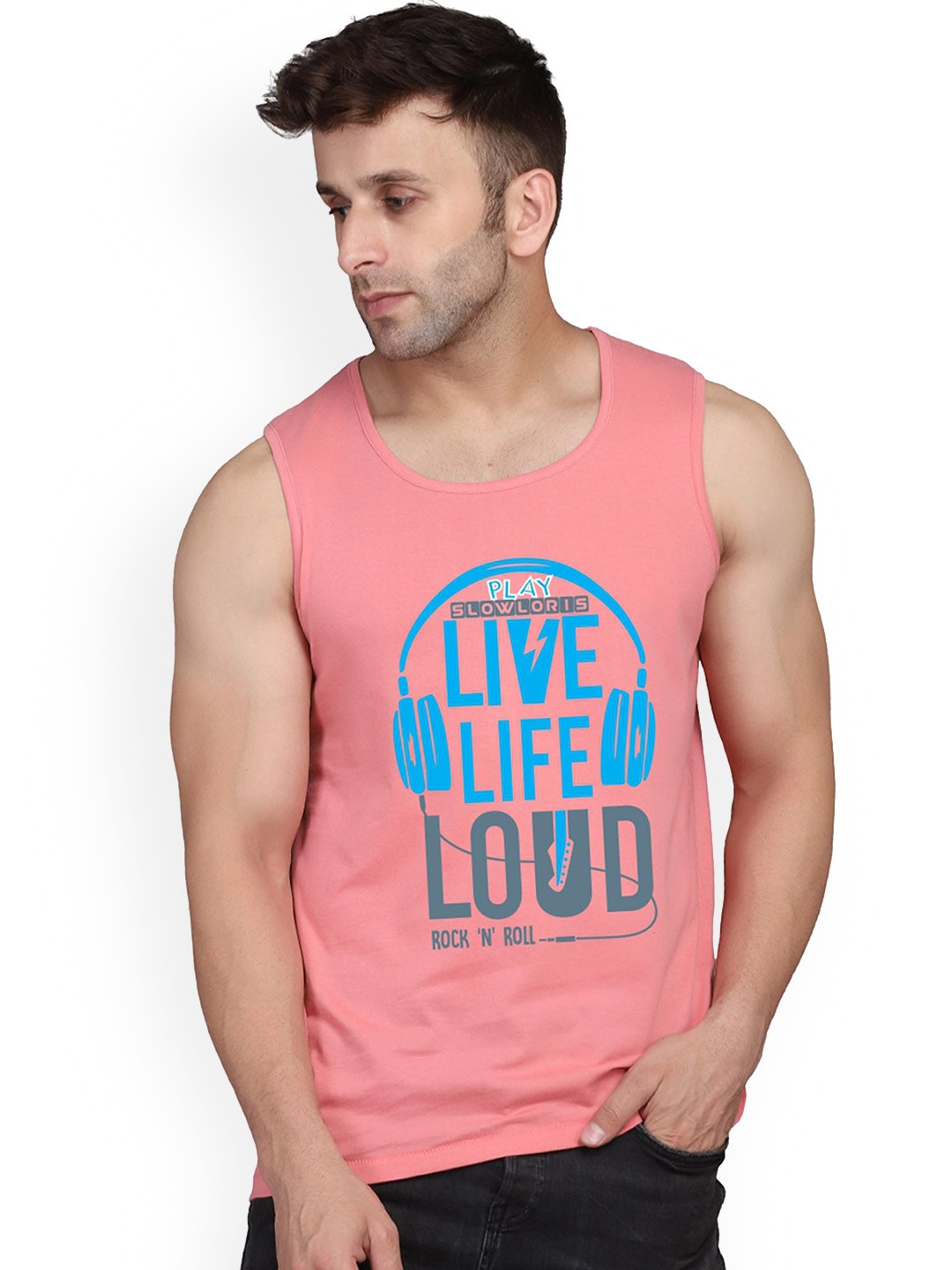 

SLOWLORIS Printed Antimicrobial Innerwear Gym Vest, Peach