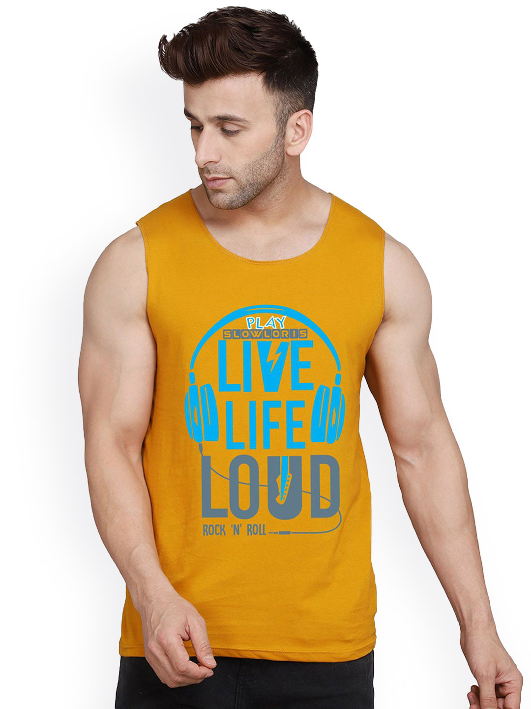 

SLOWLORIS Printed Innerwear Gym Vest, Mustard