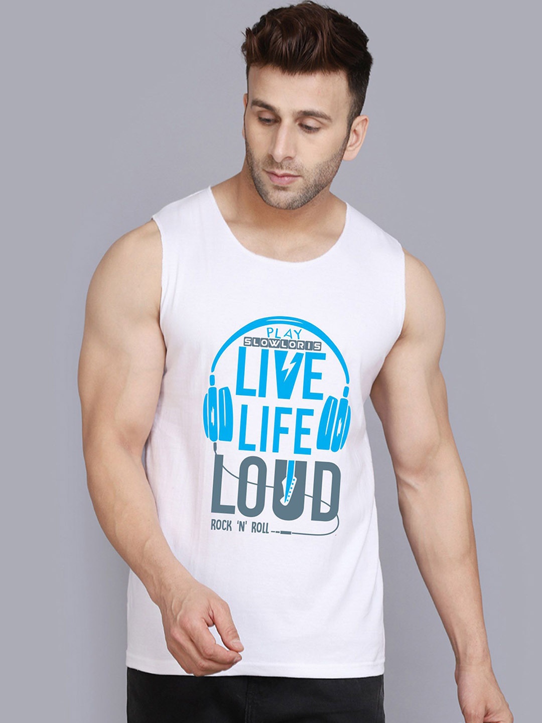 

SLOWLORIS Printed Innerwear Gym Vest, White