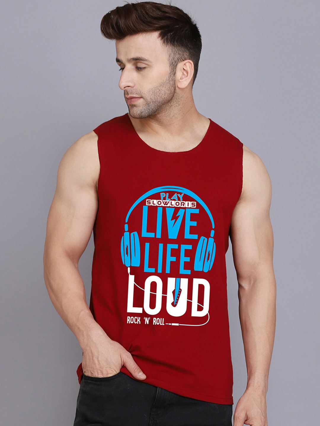 

SLOWLORIS Printed Innerwear Gym Vest, Maroon