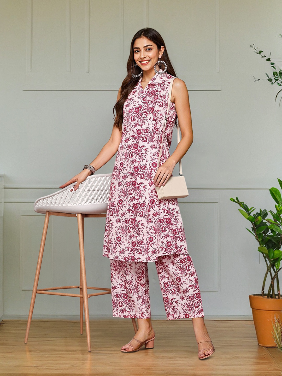 

Ishin Floral Printed Pure Cotton Crop Top & Trouser With Jacket Co-Ords Set, Pink