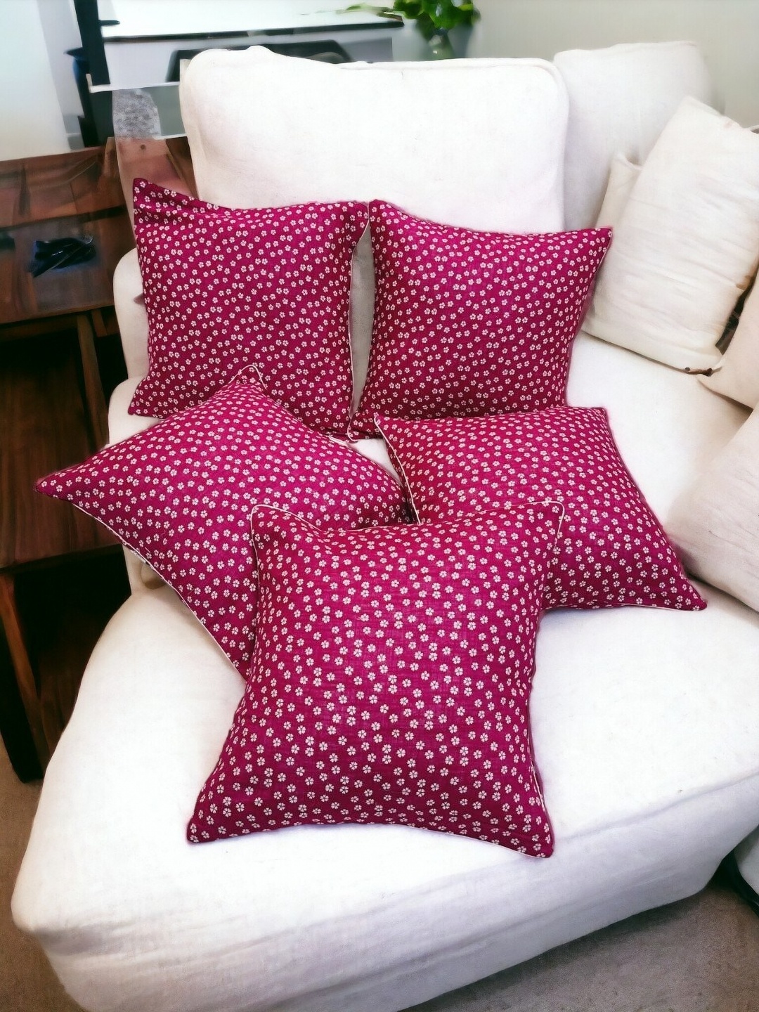 

THE COCOTIER Set of 5 Floral Printed Linen Cushion Covers, Mauve