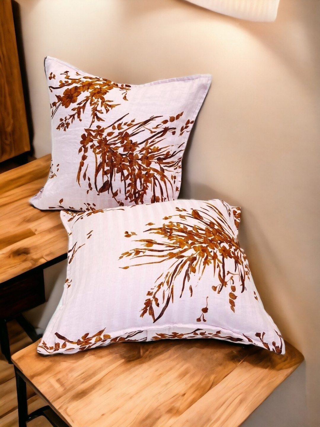 

THE COCOTIER Set of 2 Abstract Printed Linen Cushion Covers, Coffee brown