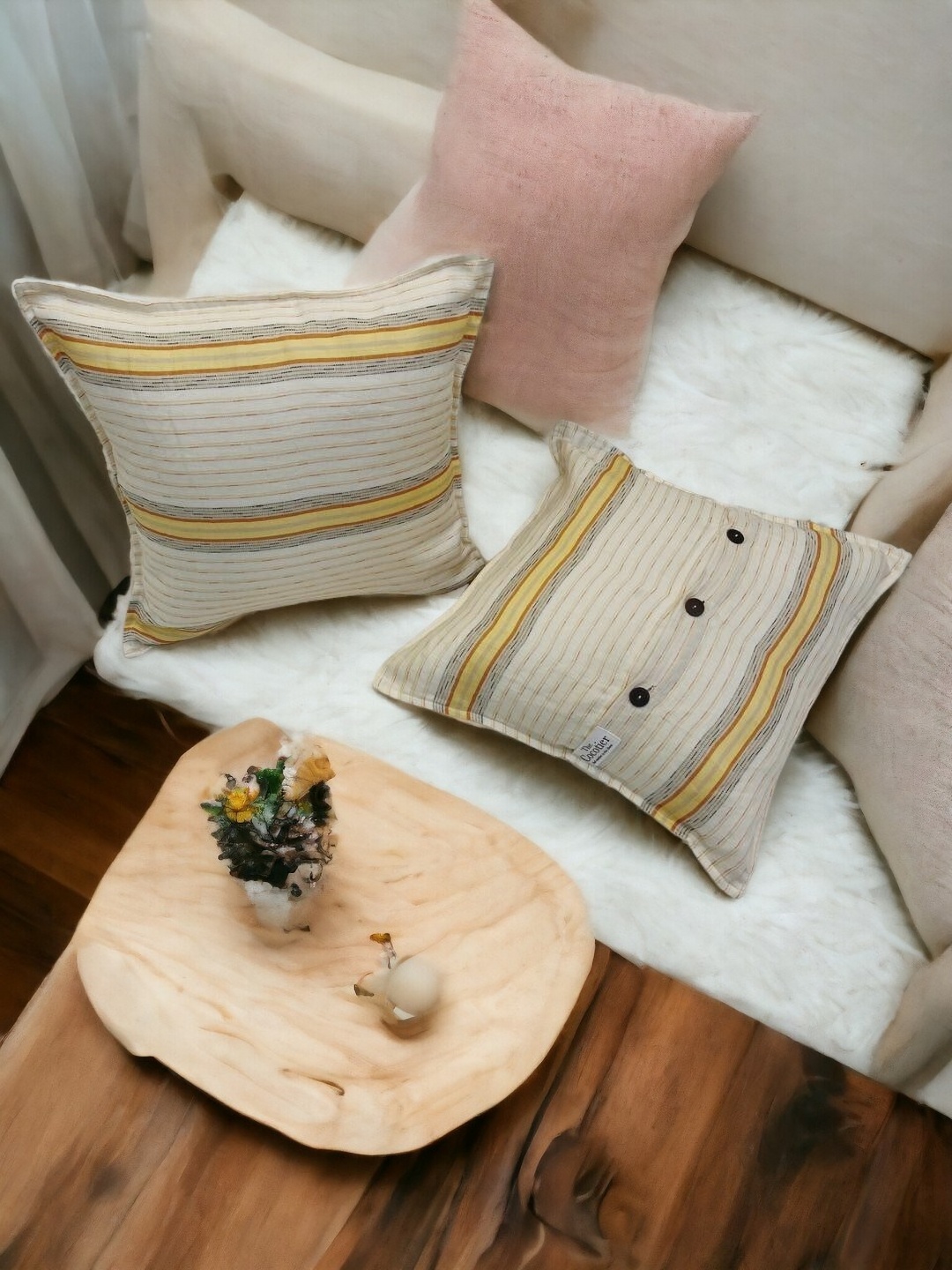 

THE COCOTIER Set of 2 Striped Printed Linen Cushion Covers, Yellow