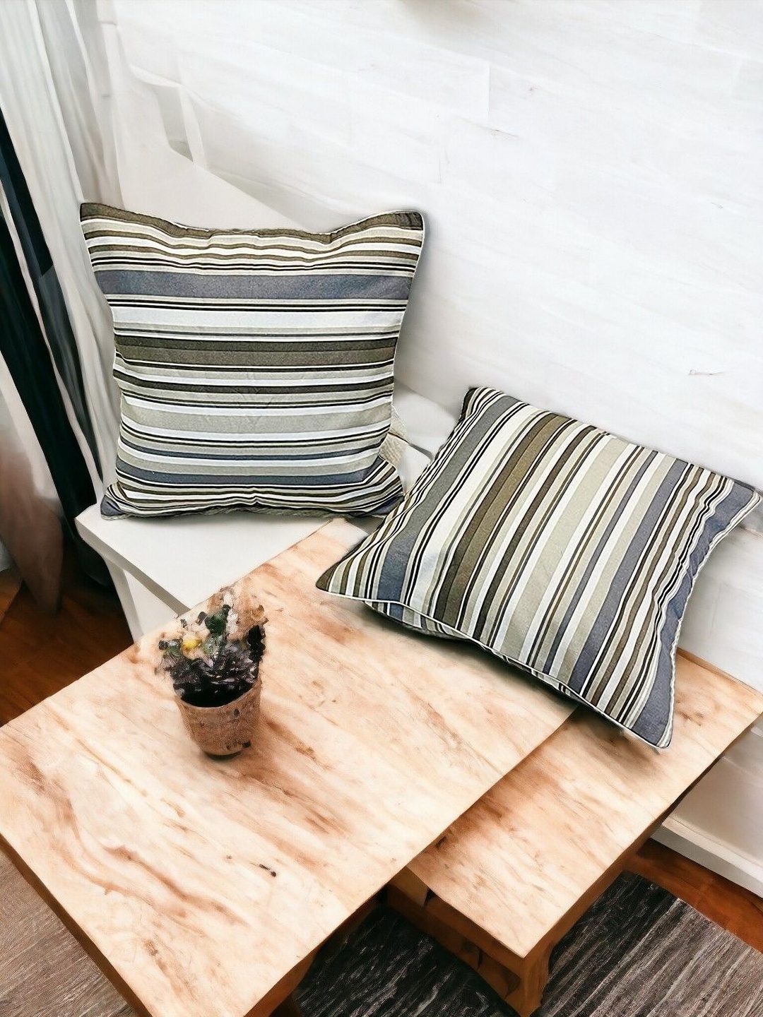 

THE COCOTIER Set of 2 Striped Printed Linen Cushion Covers, Grey