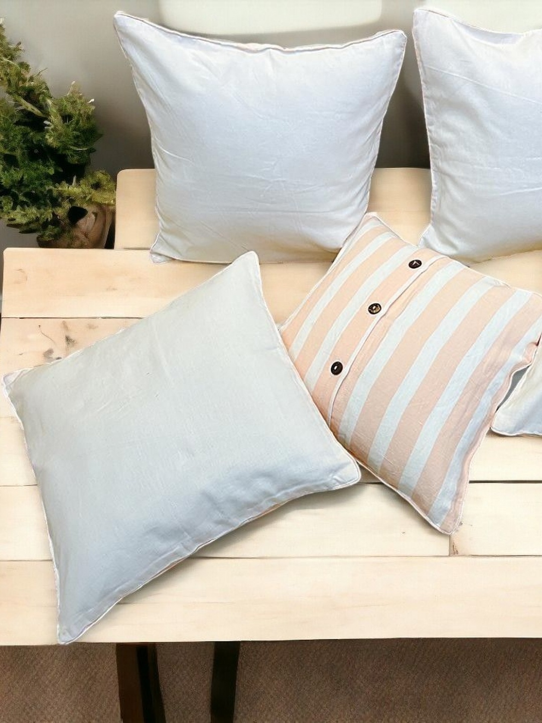 

THE COCOTIER Set of 5 Striped Linen Cushion Covers, White