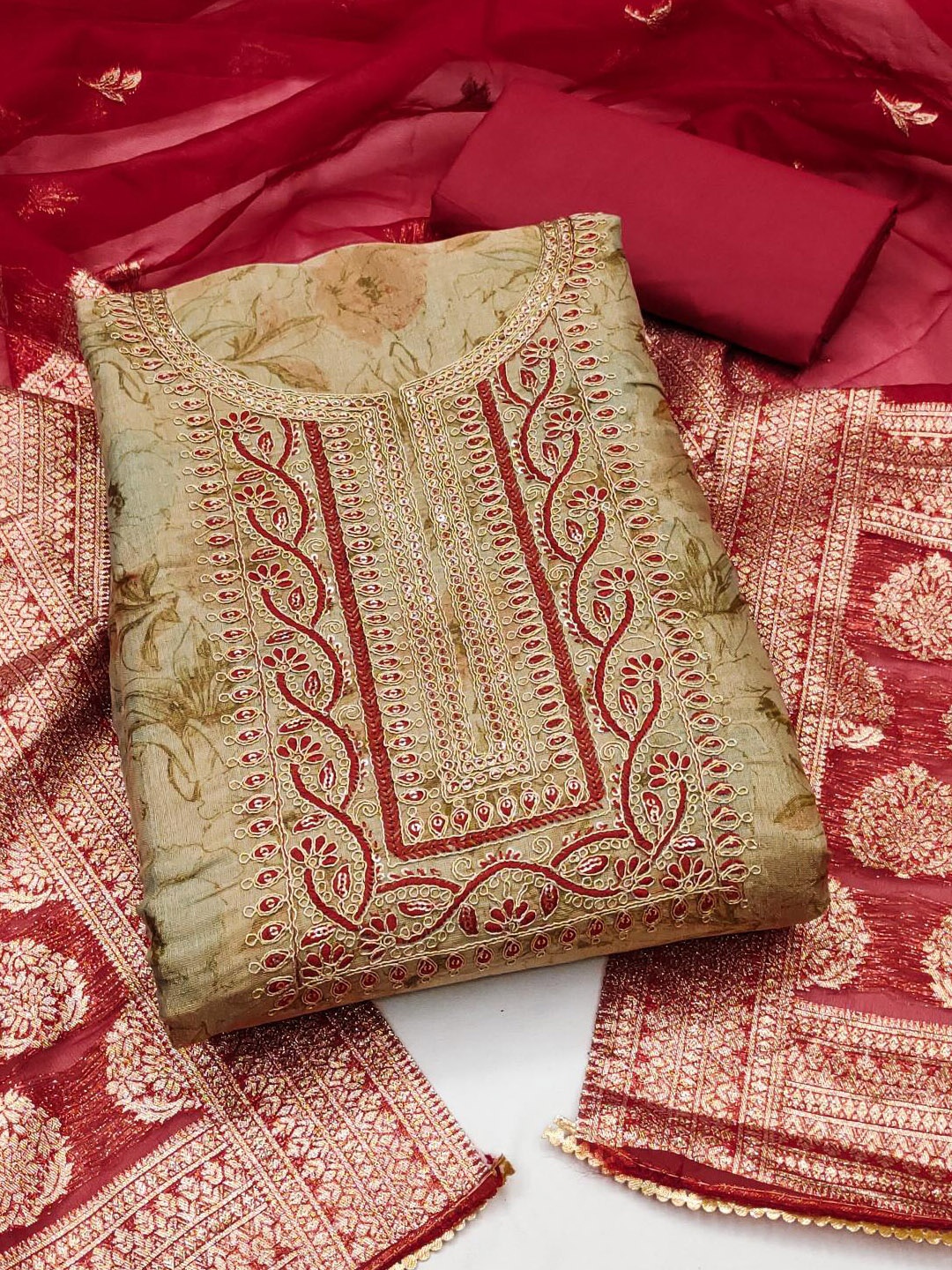 

Dori Embroidered Pure Cotton Unstitched Dress Material, Red