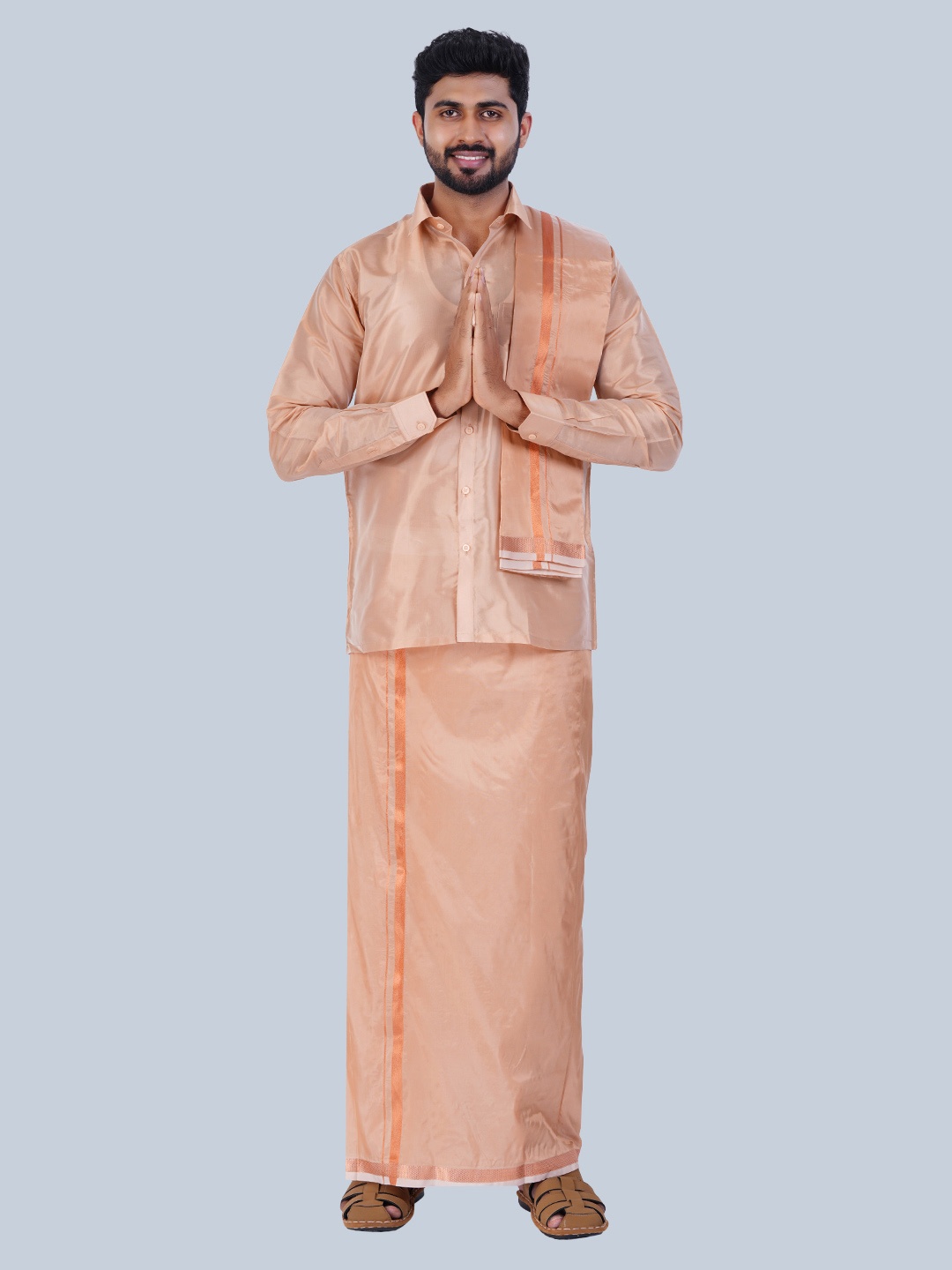 

THANGAMAGAN Men Self Design Mandarin Collar Shirt & Towel, Peach