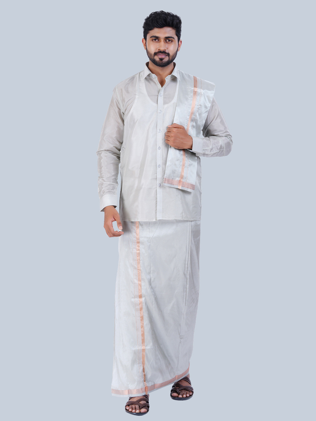 

THANGAMAGAN Men Self Design Mandarin Collar Shirt & Towel, Grey
