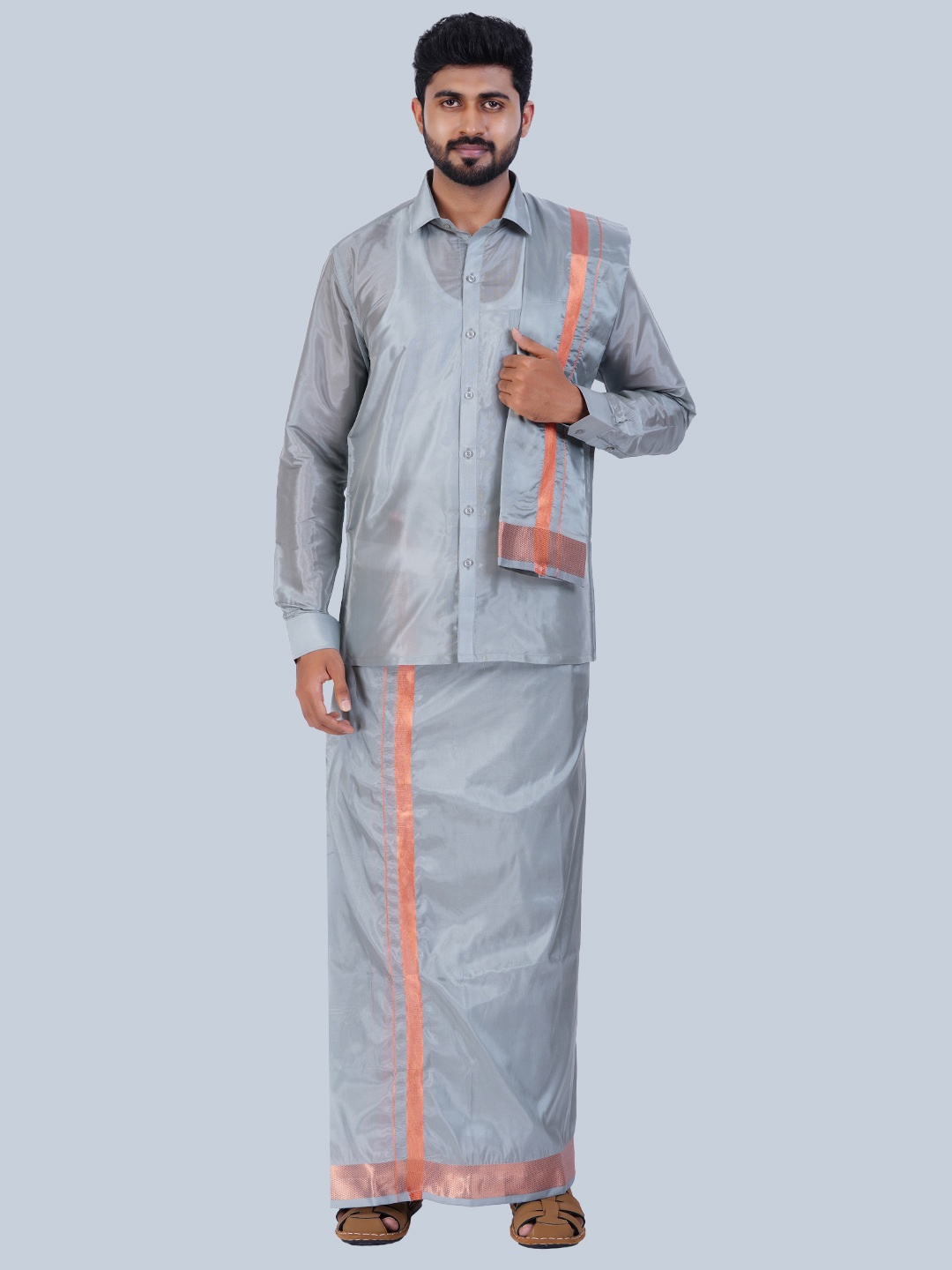 

THANGAMAGAN Men Self Design Mandarin Collar Shirt & Towel, Steel