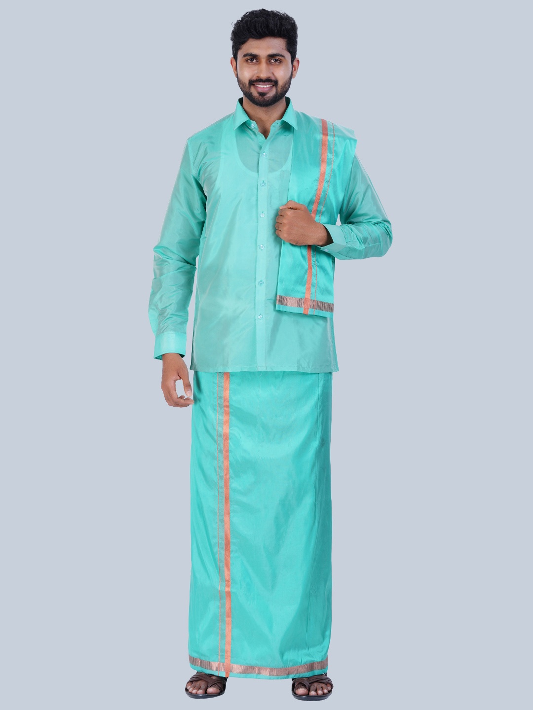 

THANGAMAGAN Veshti & Shirt & Angavastram, Green