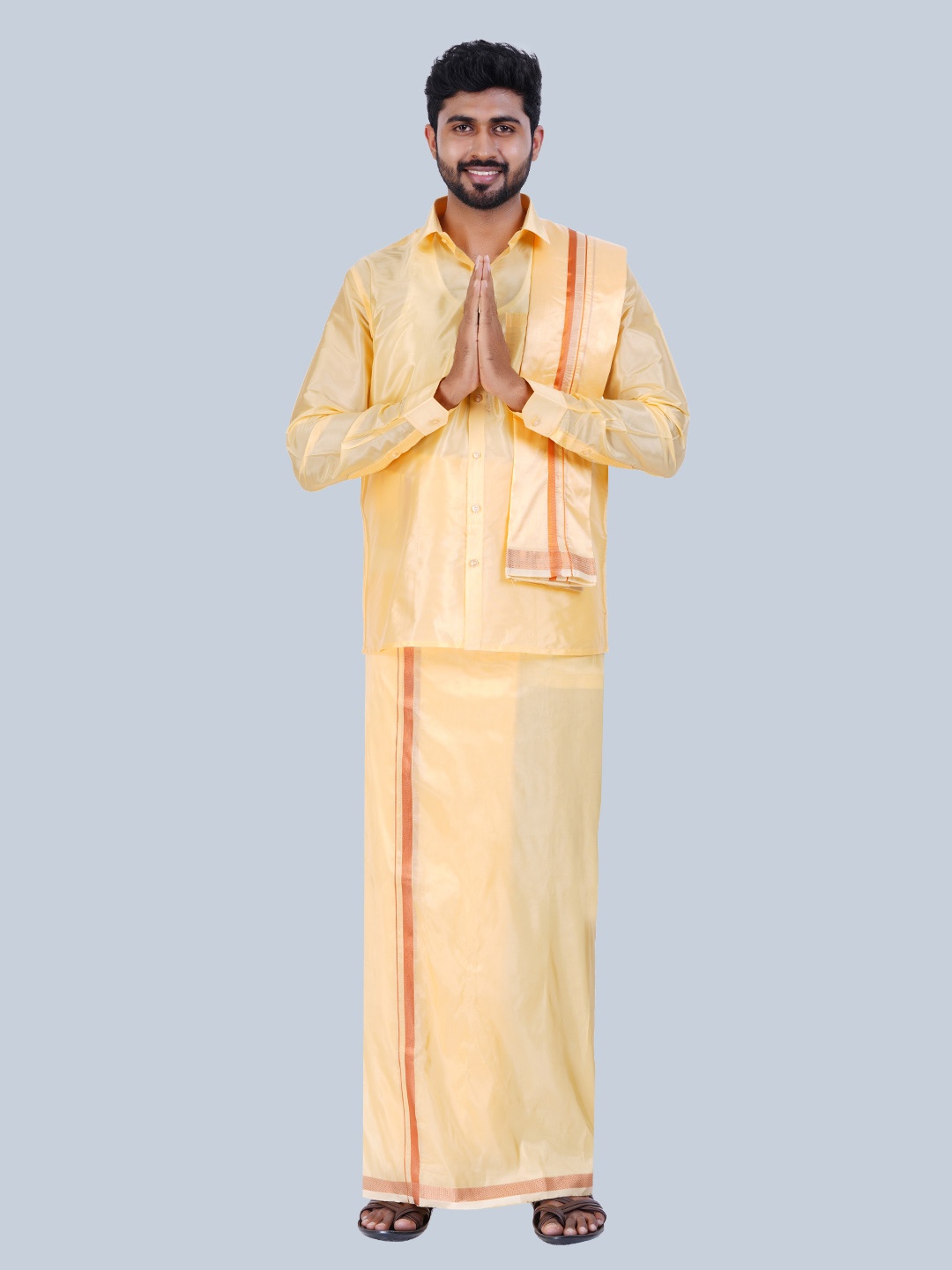 

THANGAMAGAN Men Self Design Mandarin Collar Shirt & Towel, Beige